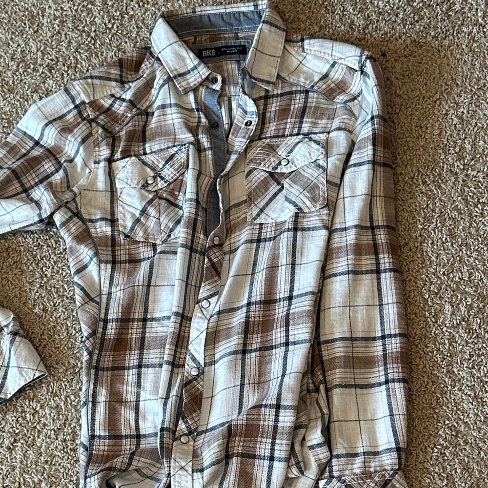 Men’s Buckle BKE Athletic Fit Brown & Cream Plaid Button-Up Shirt M